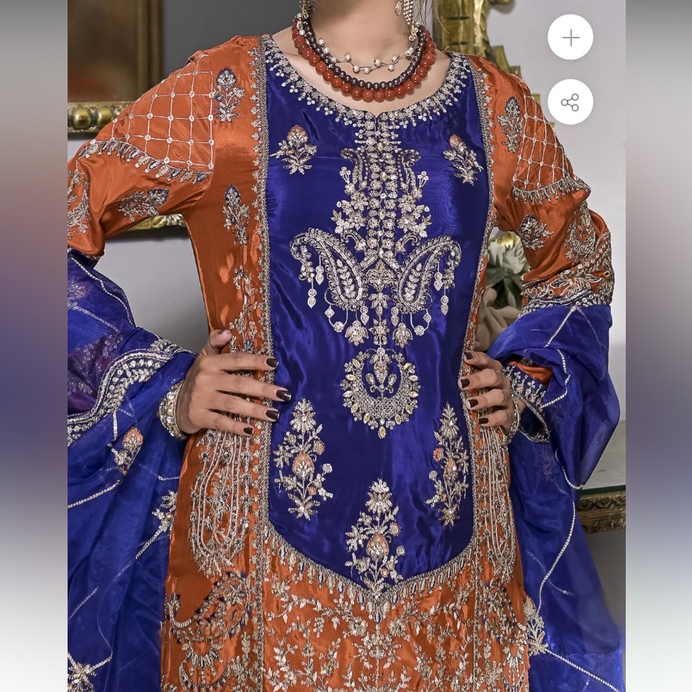 Handwork and embroidery with intricate details.
Shirt/Gharara/Net duppatta